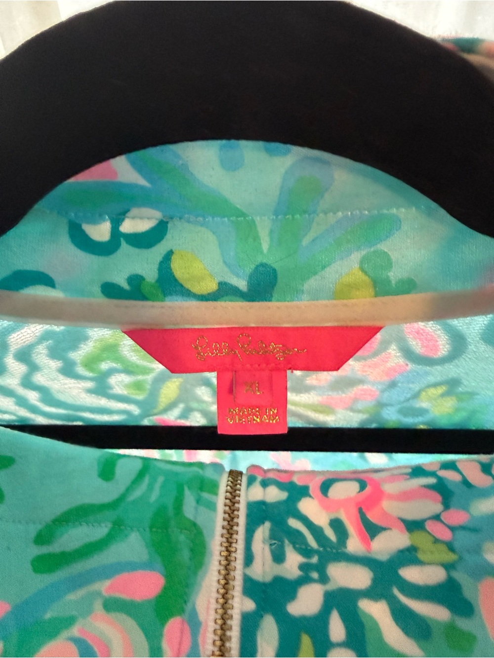 Lilly Pulitzer Cropped Aqua, Pink & Green Floral Quarter-Zip Pullover - Picture 2 of 2